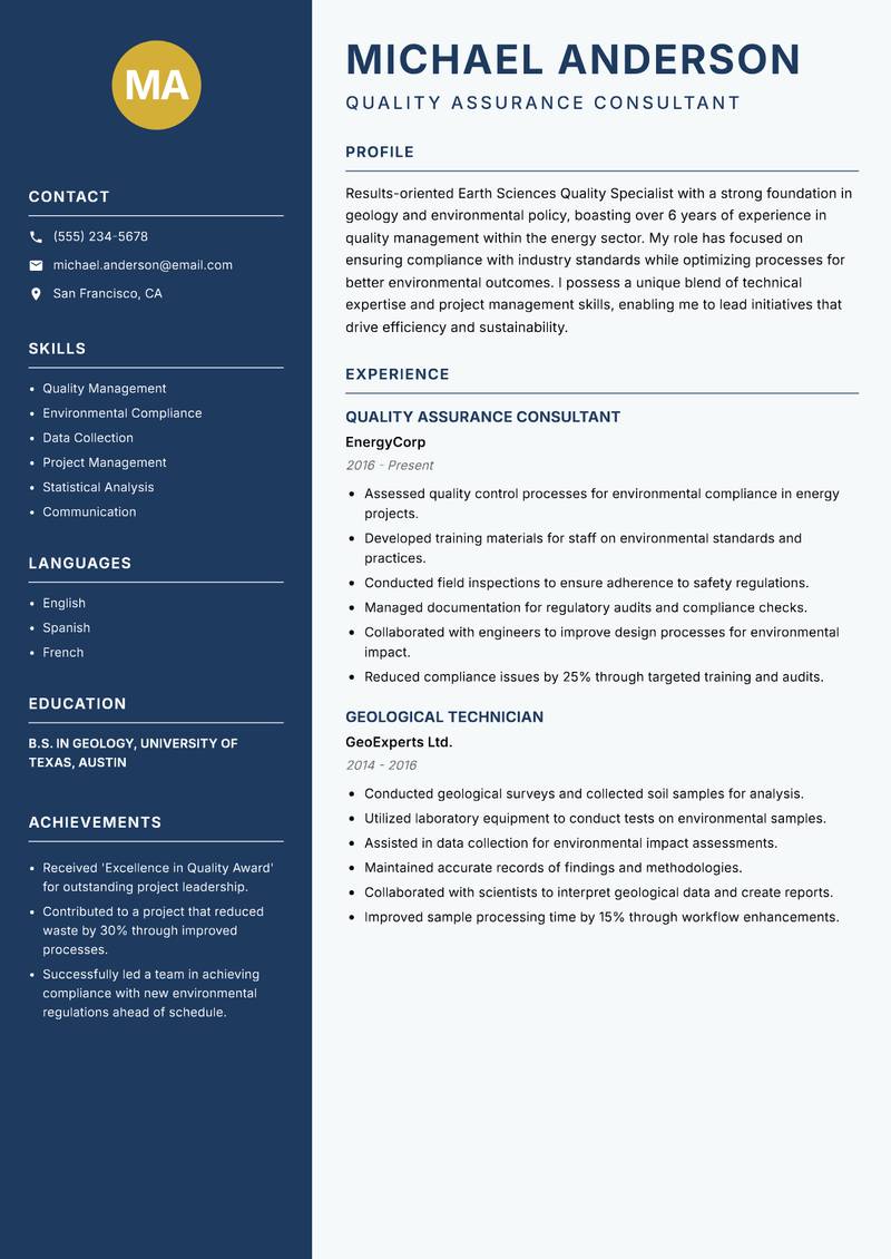 Earth Sciences Quality Specialist resume sample — Quality Assurance Consultant focus