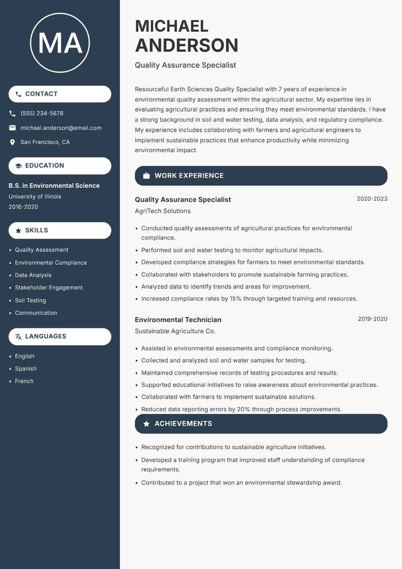 Earth Sciences Quality Specialist resume sample — Quality Assurance Specialist focus