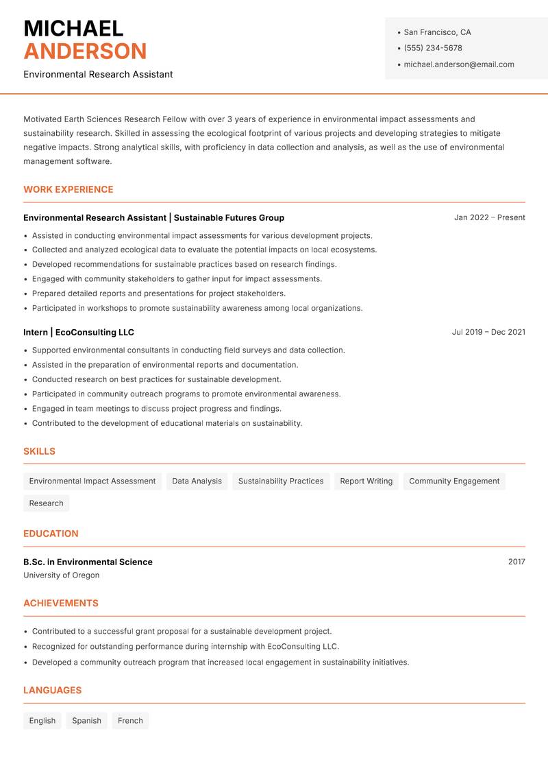 Earth Sciences Research Fellow resume sample — Environmental Research Assistant focus