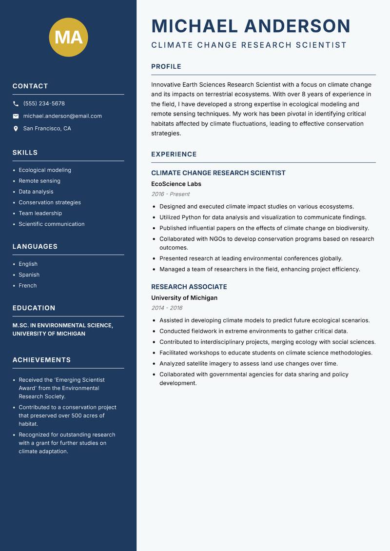 Earth Sciences Research Scientist resume sample — Climate Change Research Scientist focus