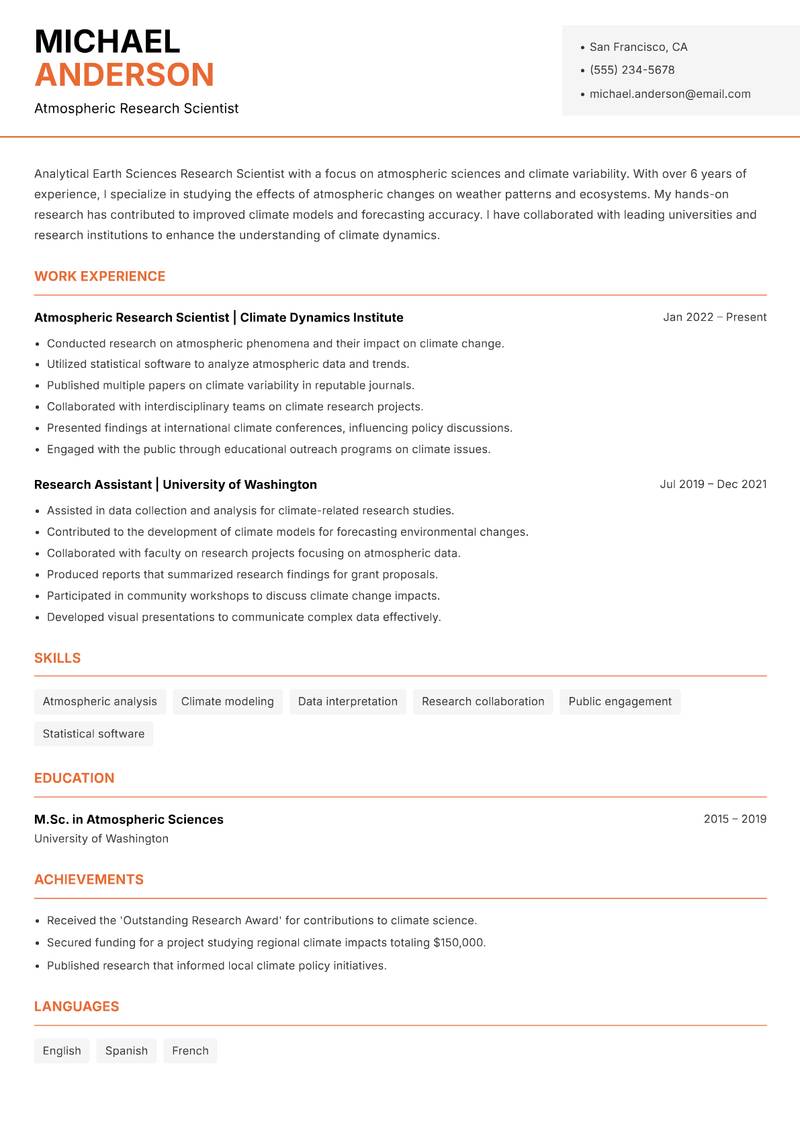 Earth Sciences Research Scientist resume sample — Atmospheric Research Scientist focus