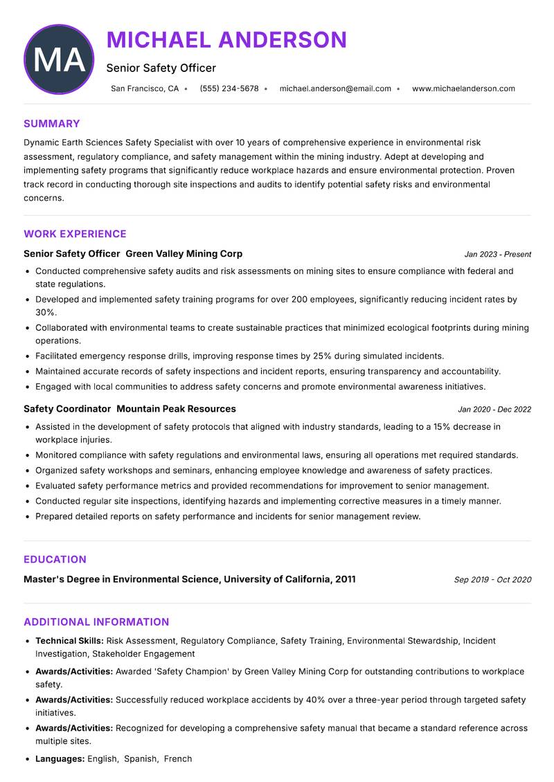 Earth Sciences Safety Specialist resume example