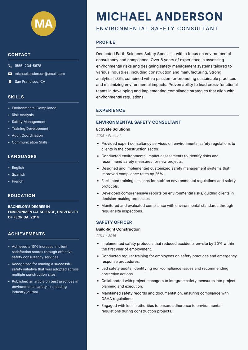 Earth Sciences Safety Specialist resume sample — Environmental Safety Consultant focus