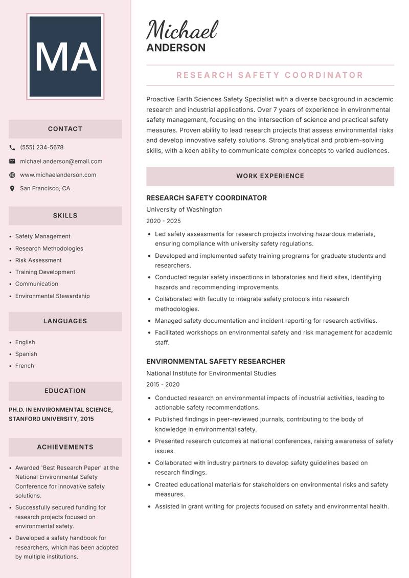 Earth Sciences Safety Specialist resume sample — Research Safety Coordinator focus