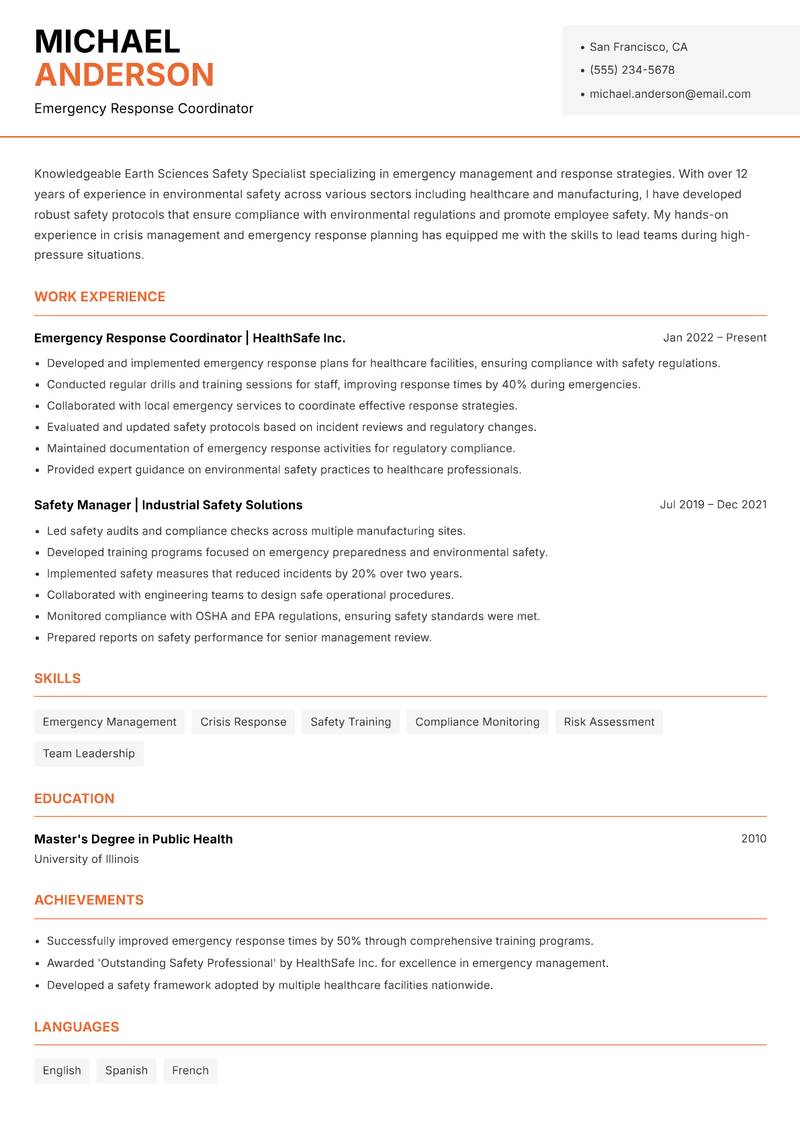 Earth Sciences Safety Specialist resume sample — Emergency Response Coordinator focus