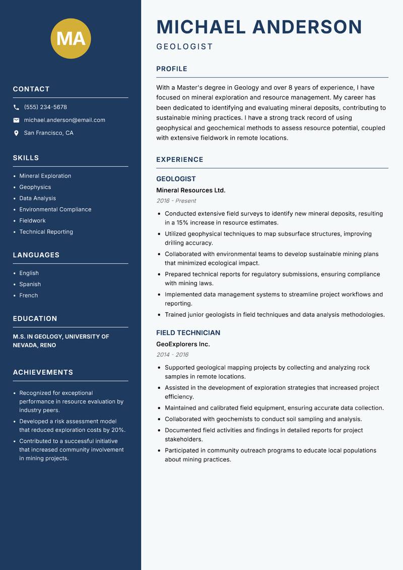 Earth Scientist resume sample — Geologist focus