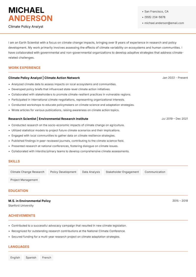 Earth Scientist resume sample — Climate Policy Analyst focus