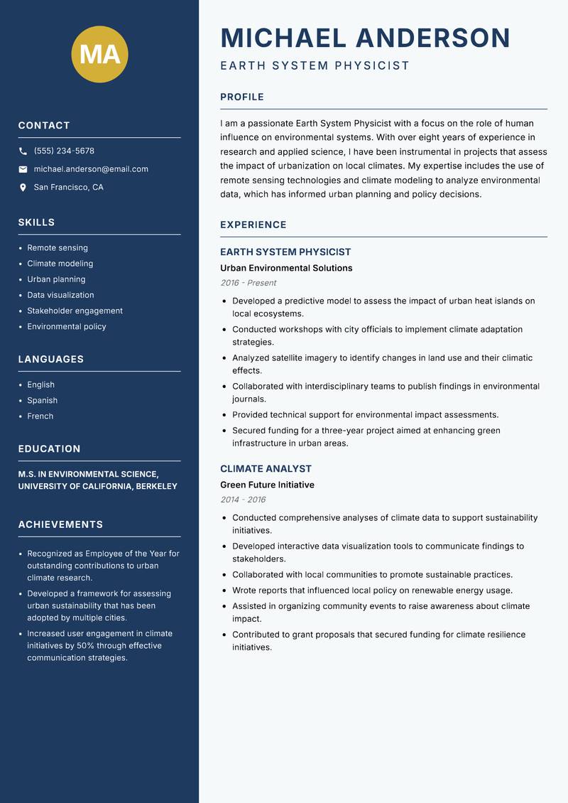 Earth System Physicist resume sample — Earth System Physicist focus