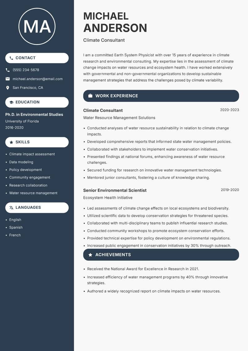Earth System Physicist resume sample — Climate Consultant focus