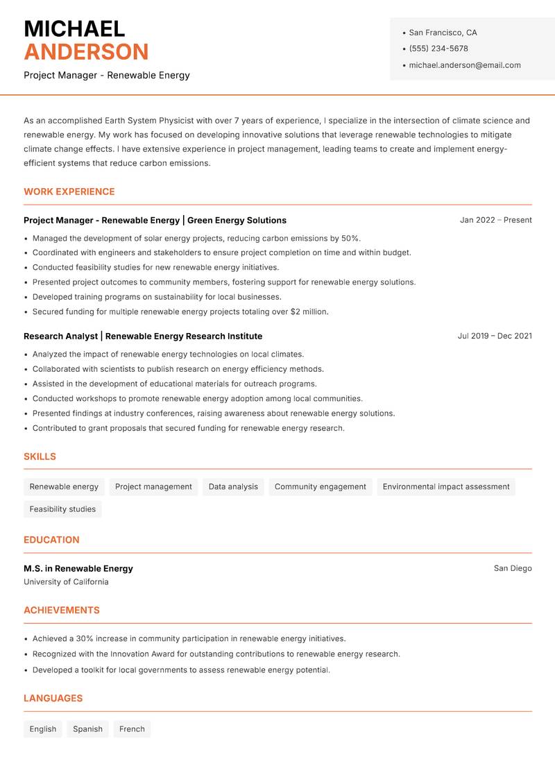Earth System Physicist resume sample — Project Manager - Renewable Energy focus