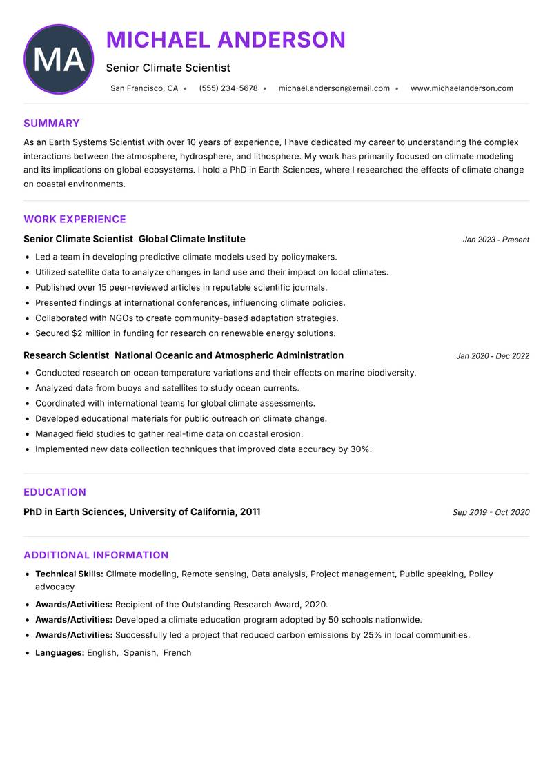 Earth Systems Scientist resume example
