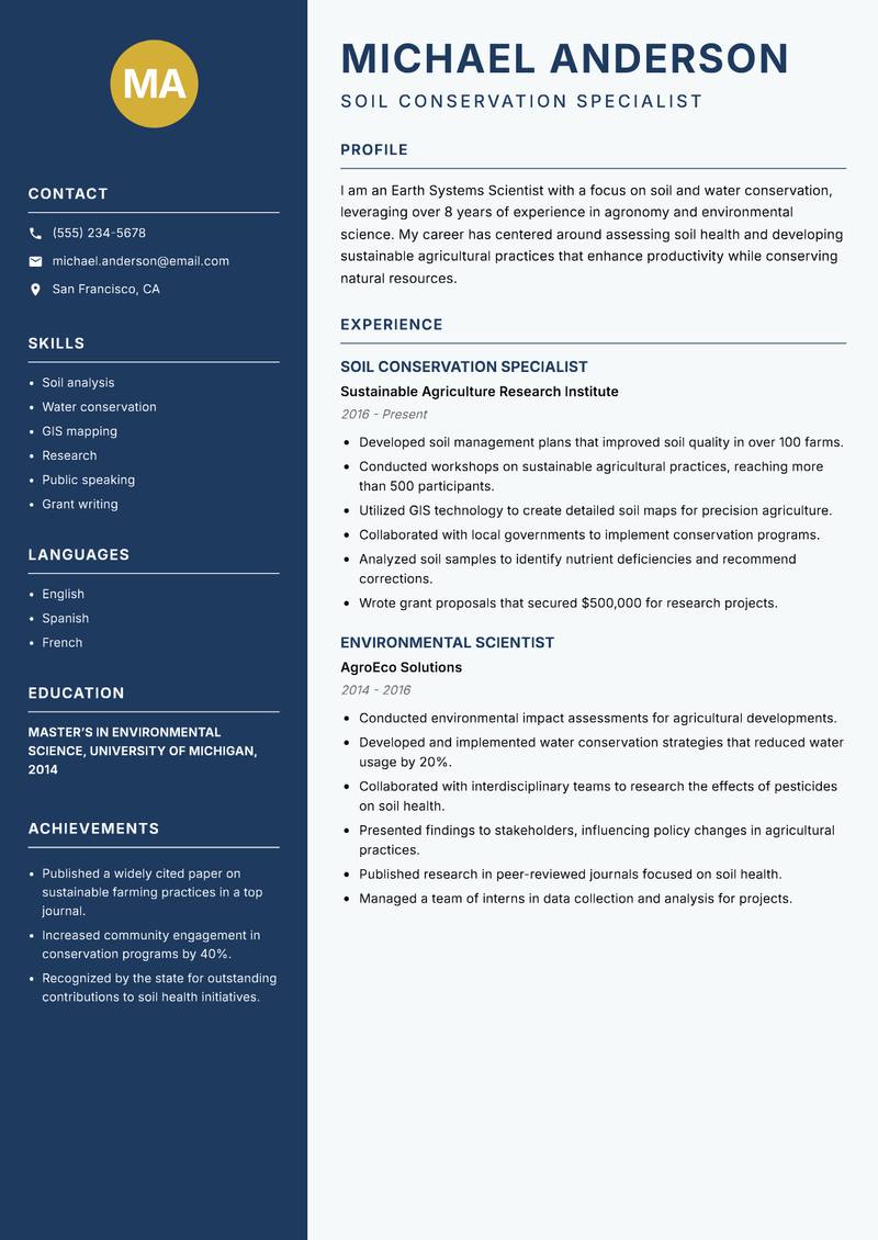 Earth Systems Scientist resume sample — Soil Conservation Specialist focus