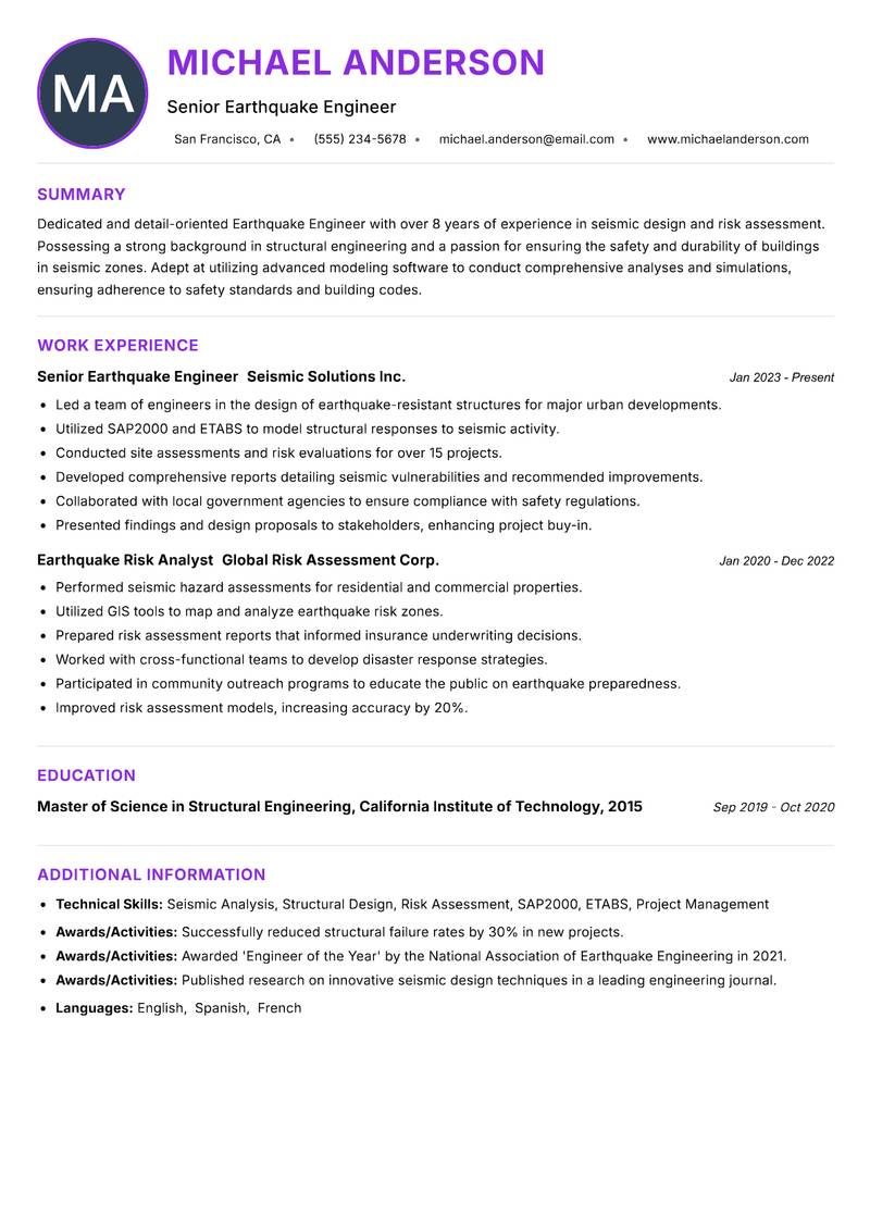 Earthquake Engineer resume example