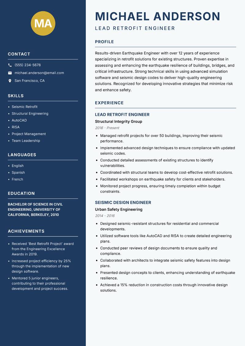 Earthquake Engineer resume sample — Lead Retrofit Engineer focus