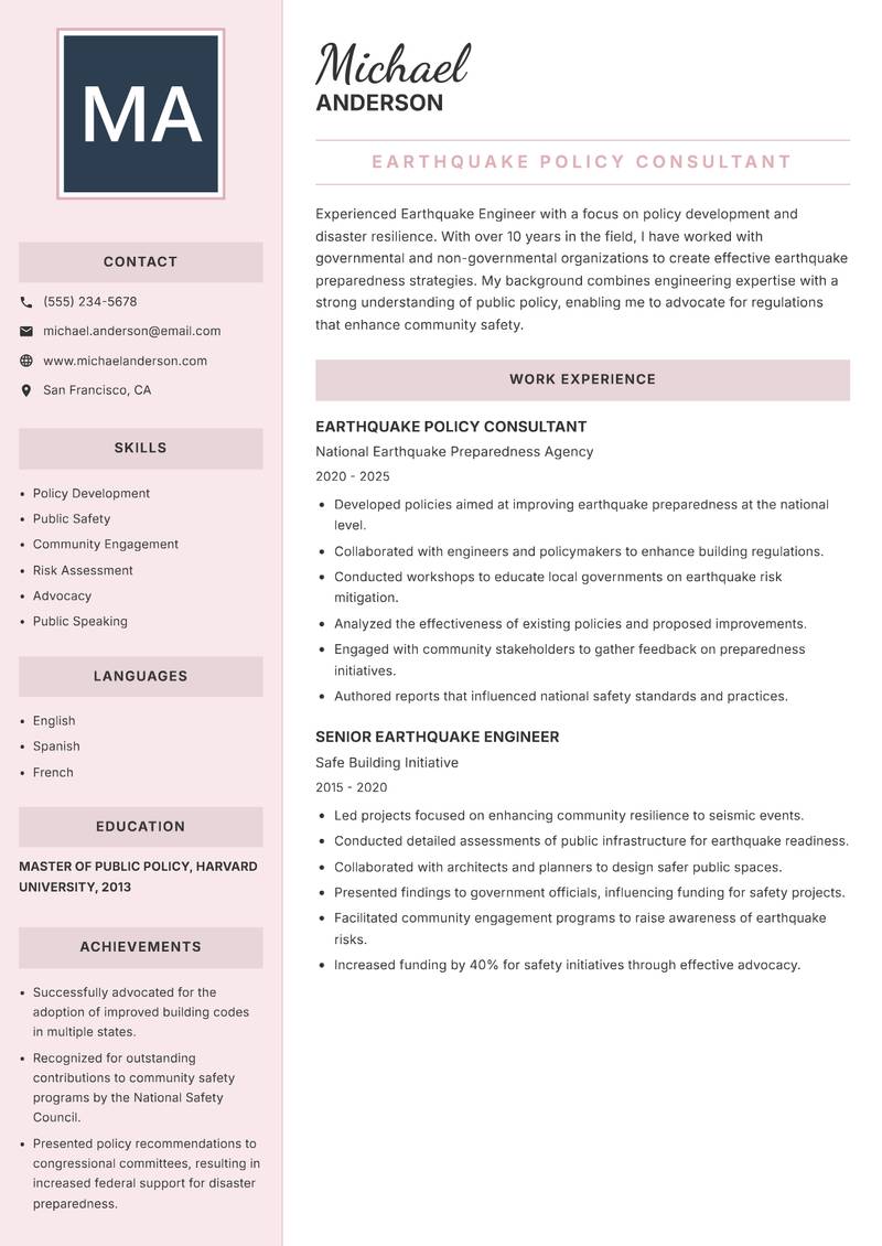 Earthquake Engineer resume sample — Earthquake Policy Consultant focus