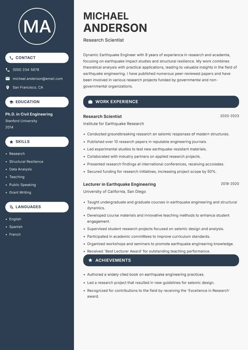 Earthquake Engineer resume sample — Research Scientist focus