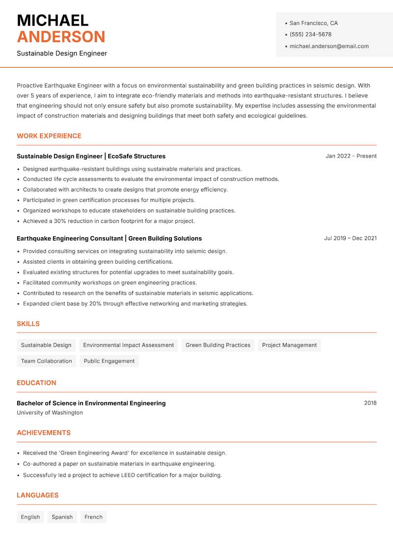 Earthquake Engineer resume sample — Sustainable Design Engineer focus