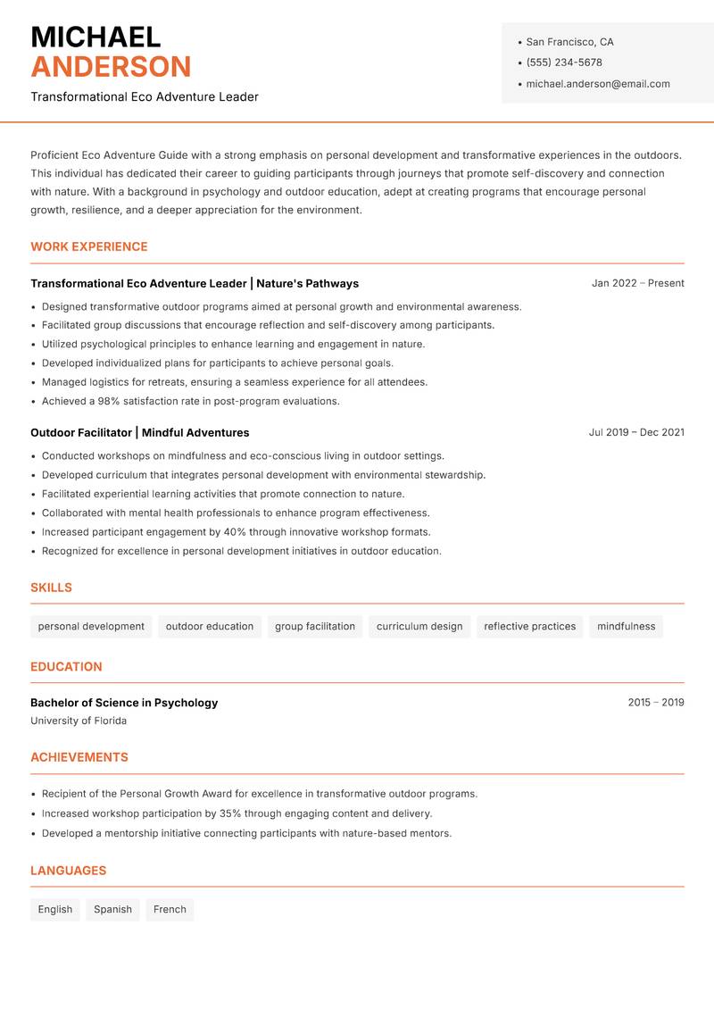 Eco Adventure Guide resume sample — Transformational Eco Adventure Leader focus