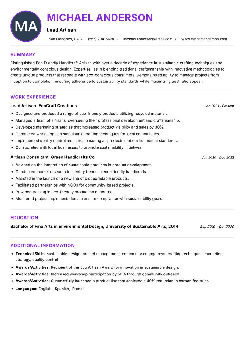 Eco Friendly Handicraft Artisan resume example