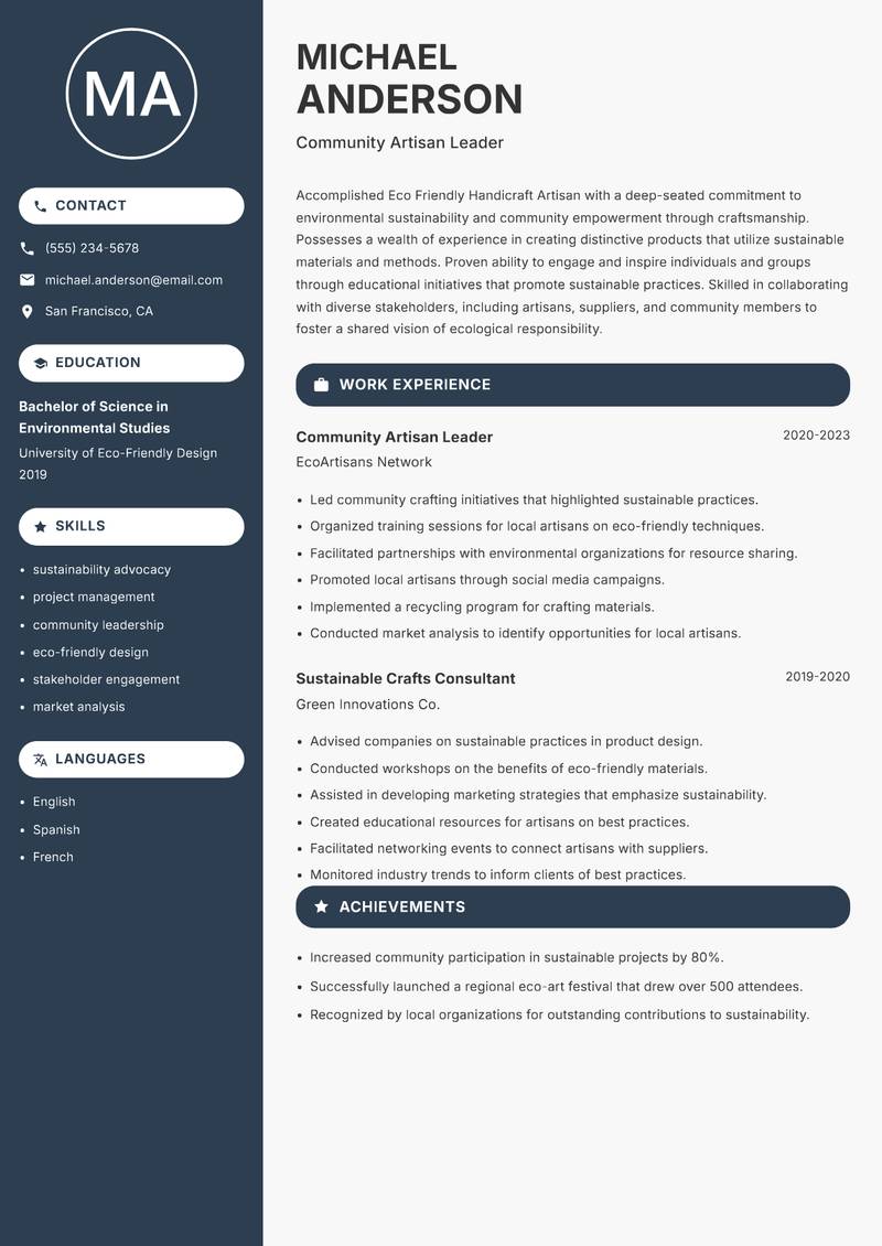 Eco Friendly Handicraft Artisan resume sample — Community Artisan Leader focus