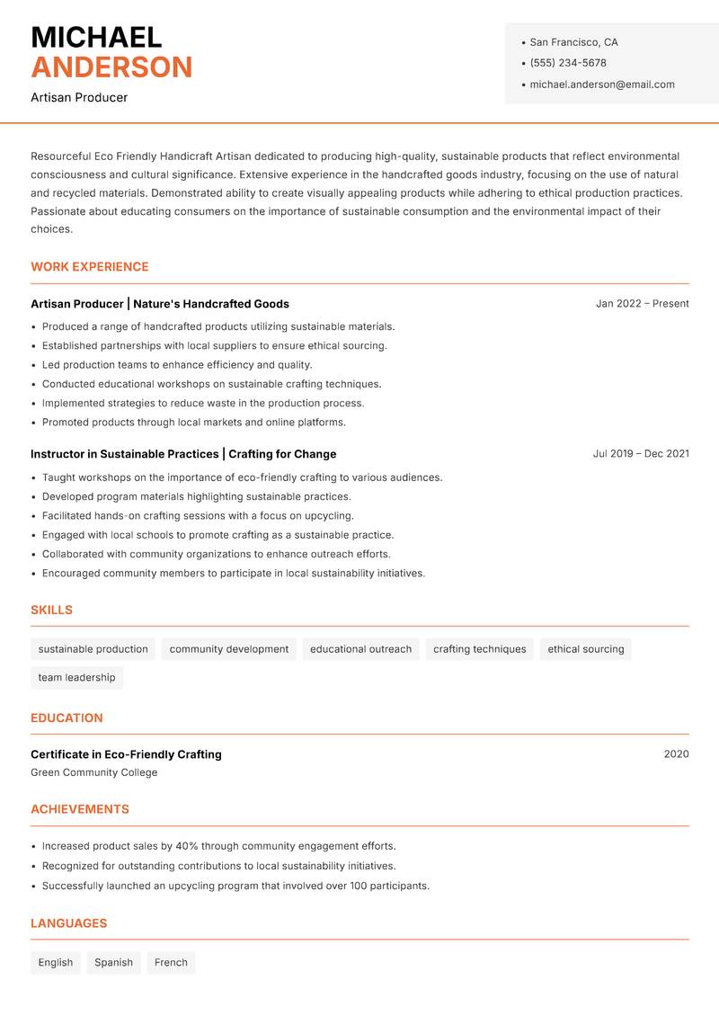 Eco Friendly Handicraft Artisan resume sample — Artisan Producer focus