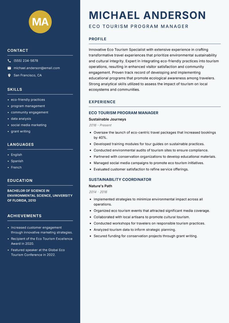 Eco Tourism Specialist resume sample — Eco Tourism Program Manager focus
