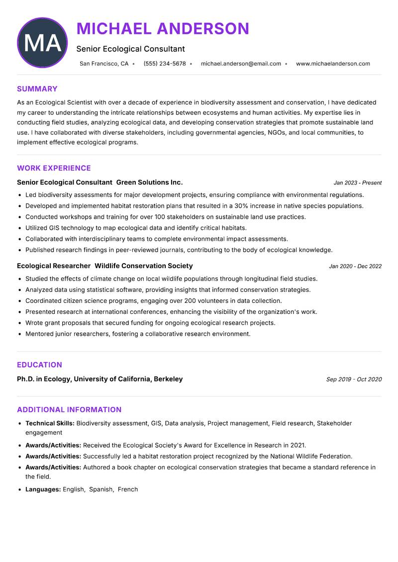 Ecological Scientist resume example
