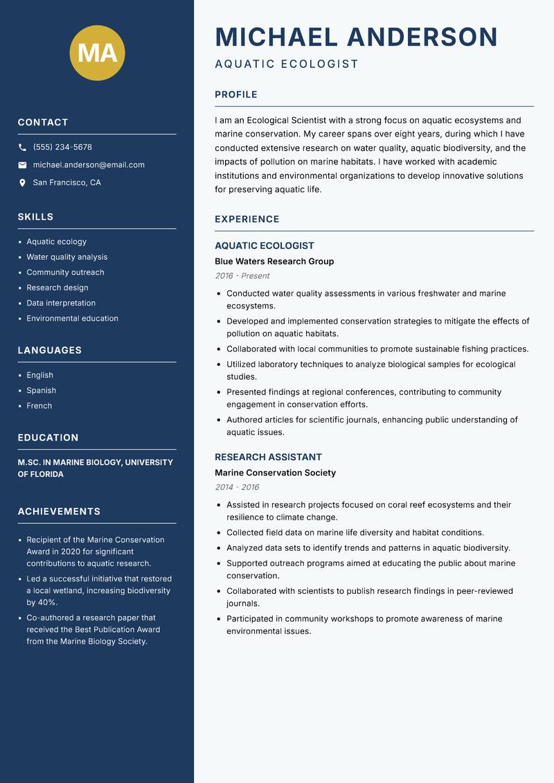 Ecological Scientist resume sample — Aquatic Ecologist focus