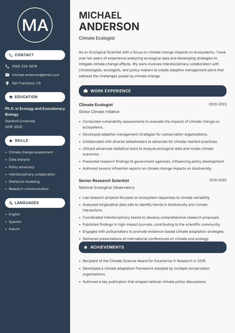 Ecological Scientist resume sample — Climate Ecologist focus