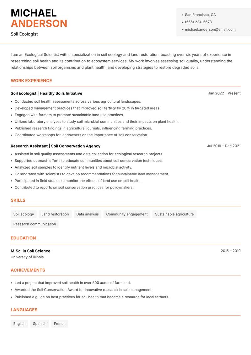 Ecological Scientist resume sample — Soil Ecologist focus