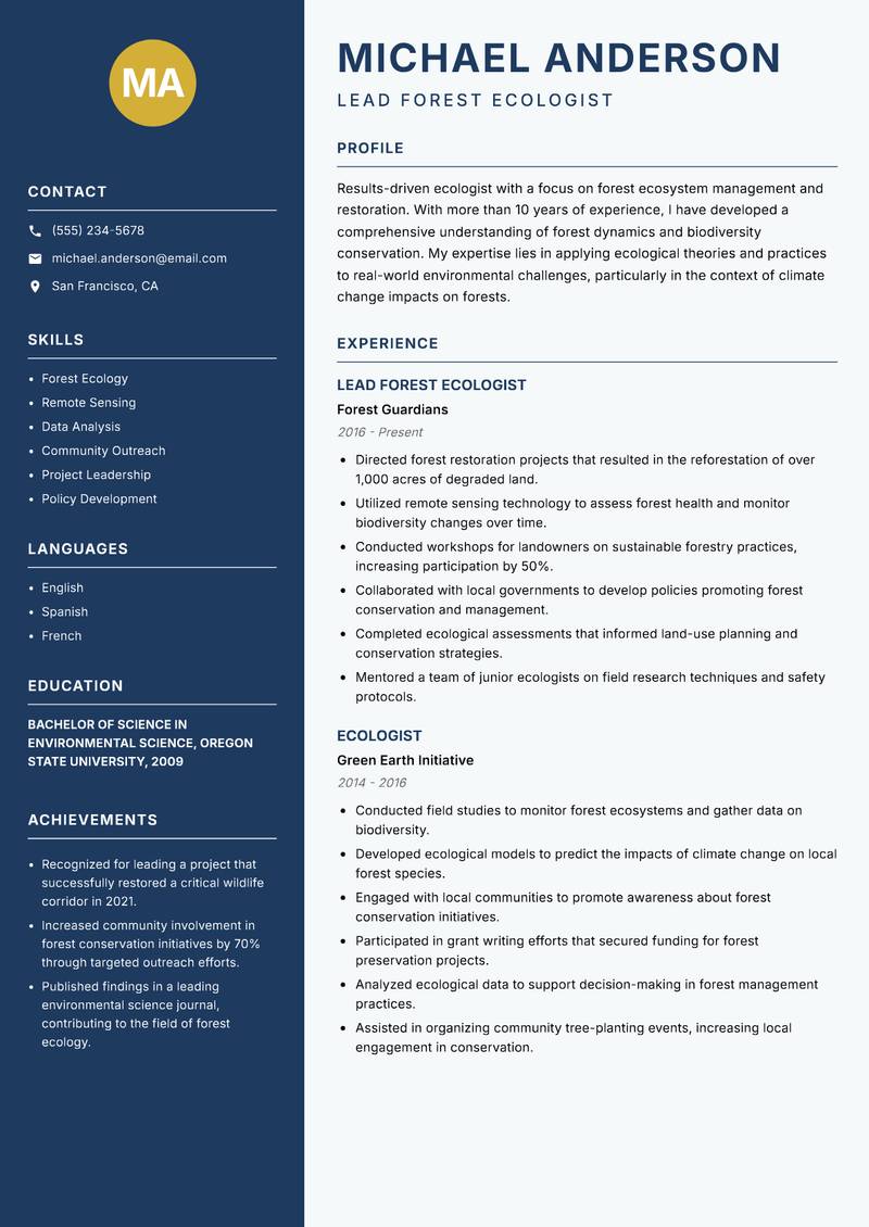 Ecologist resume sample — Lead Forest Ecologist focus