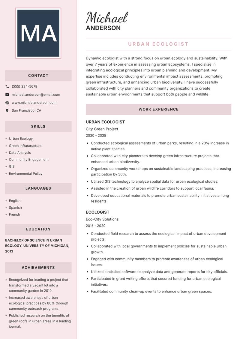 Ecologist resume sample — Urban Ecologist focus