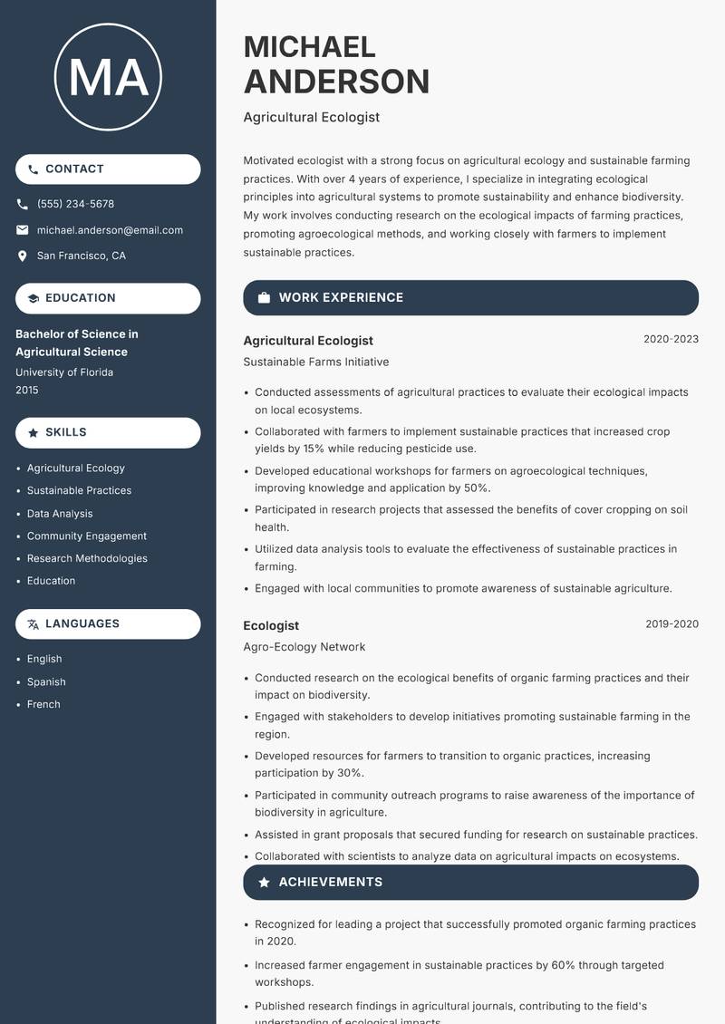 Ecologist resume sample — Agricultural Ecologist focus