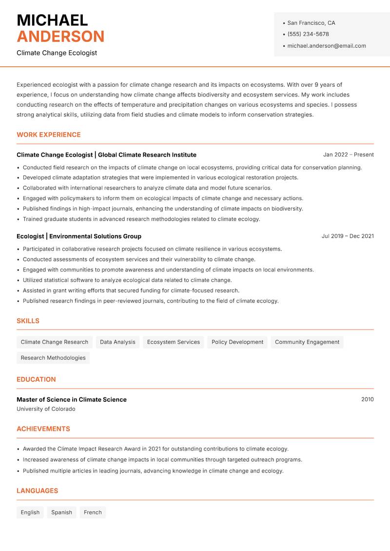 Ecologist resume sample — Climate Change Ecologist focus