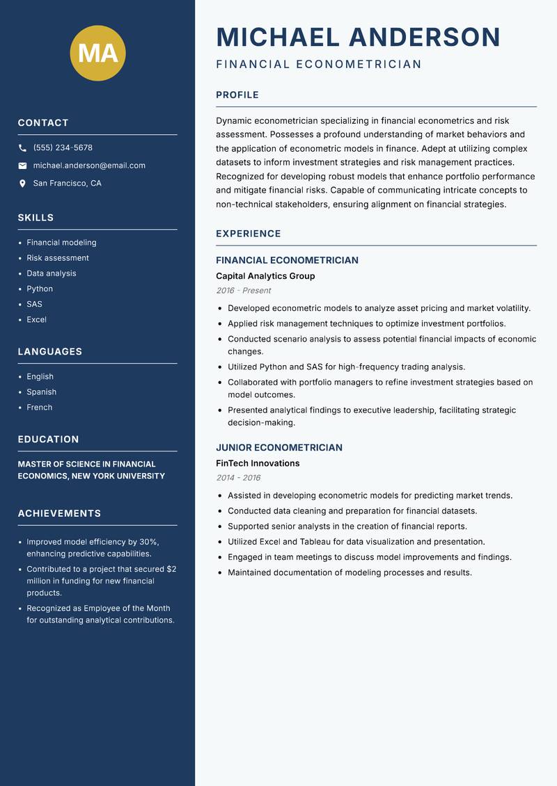 Econometrician resume sample — Financial Econometrician focus