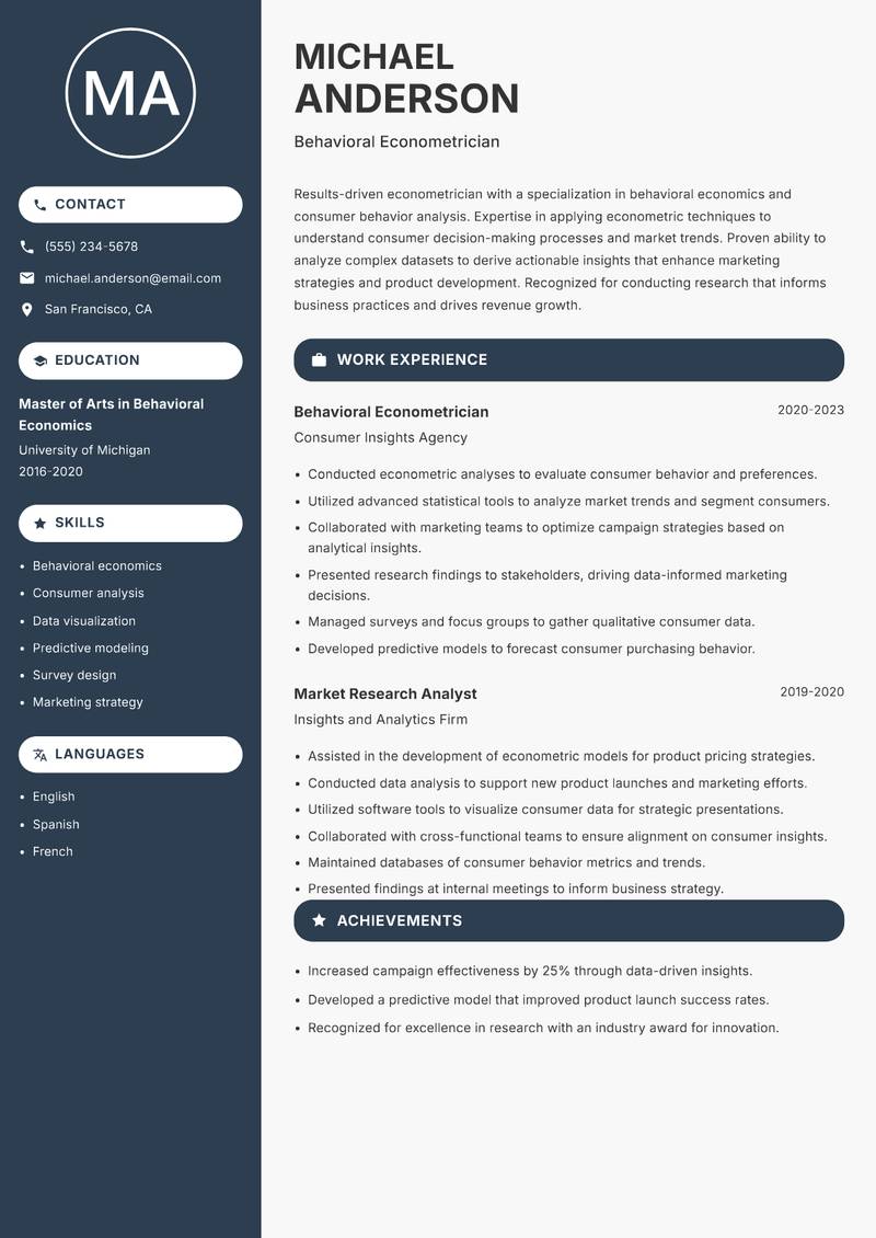 Econometrician resume sample — Behavioral Econometrician focus