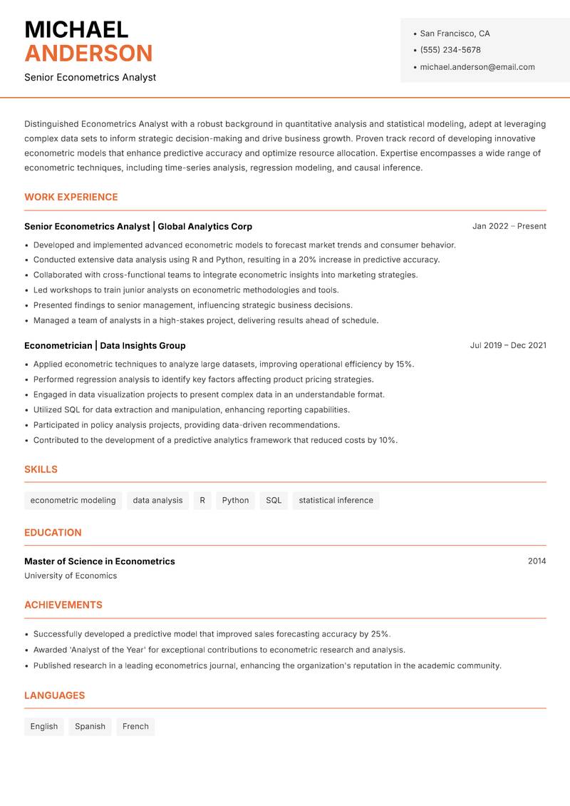 Econometrics Analyst resume sample — Senior Econometrics Analyst focus