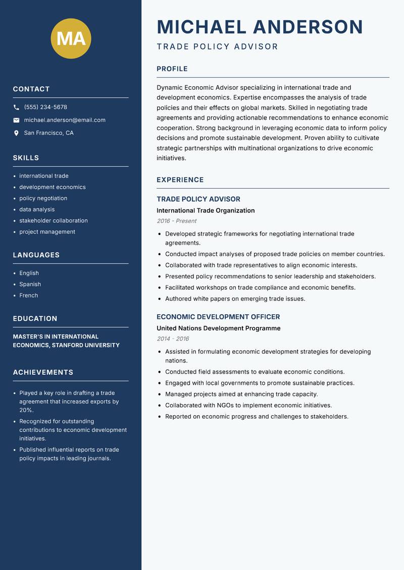 Economic Advisor resume sample — Trade Policy Advisor focus