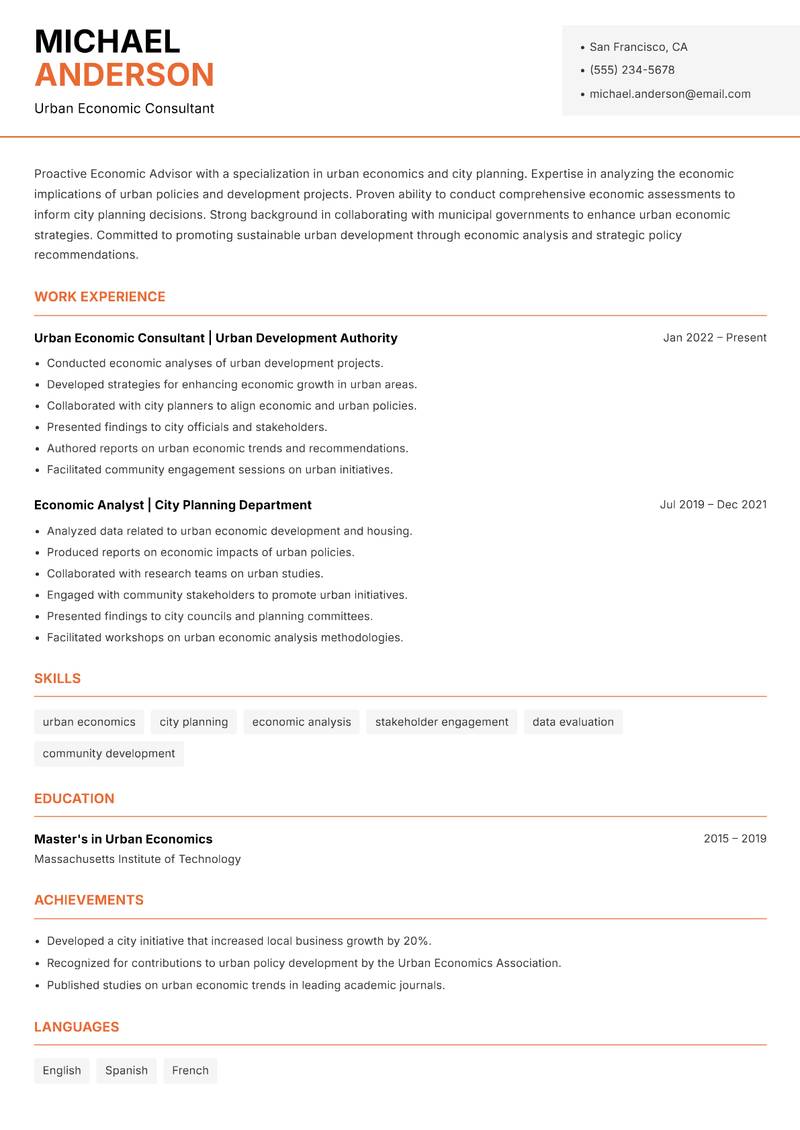 Economic Advisor resume sample — Urban Economic Consultant focus