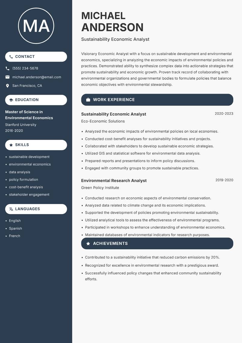 Economic Analyst resume sample — Sustainability Economic Analyst focus