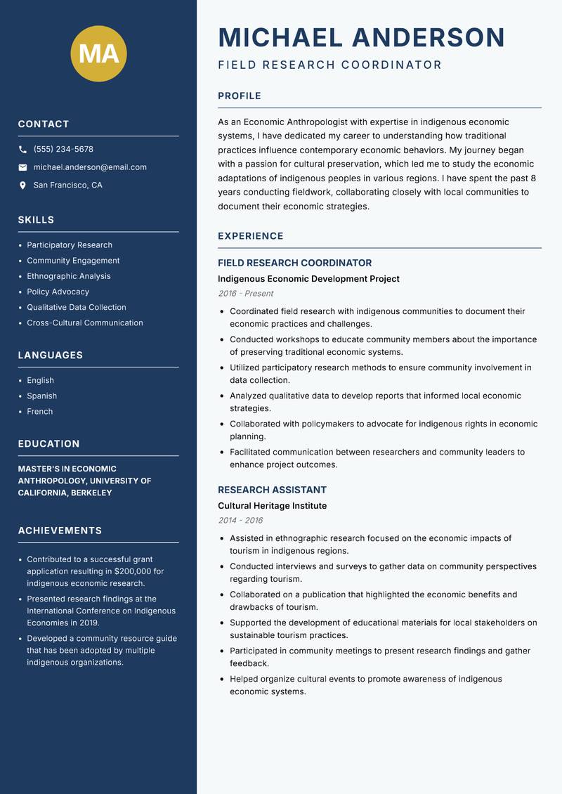 Economic Anthropologist resume sample — Field Research Coordinator focus