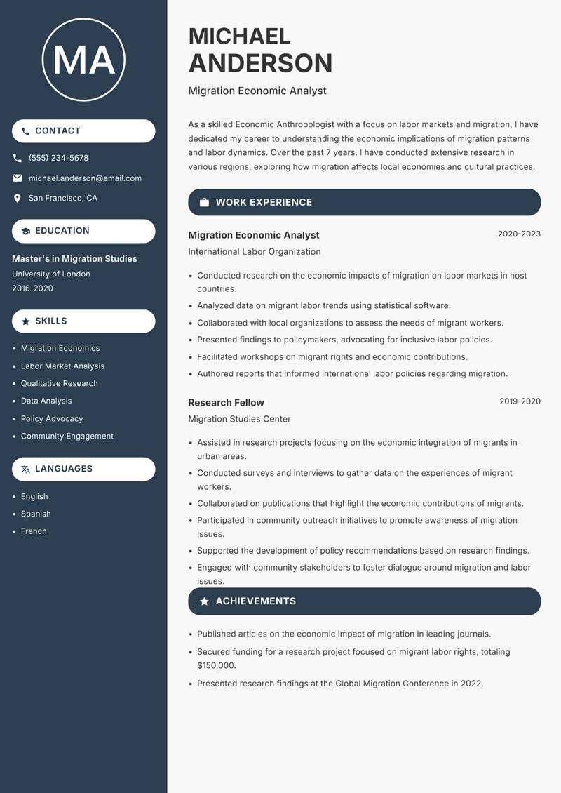 Economic Anthropologist resume sample — Migration Economic Analyst focus