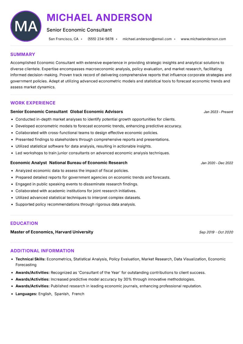 Economic Consultant resume example
