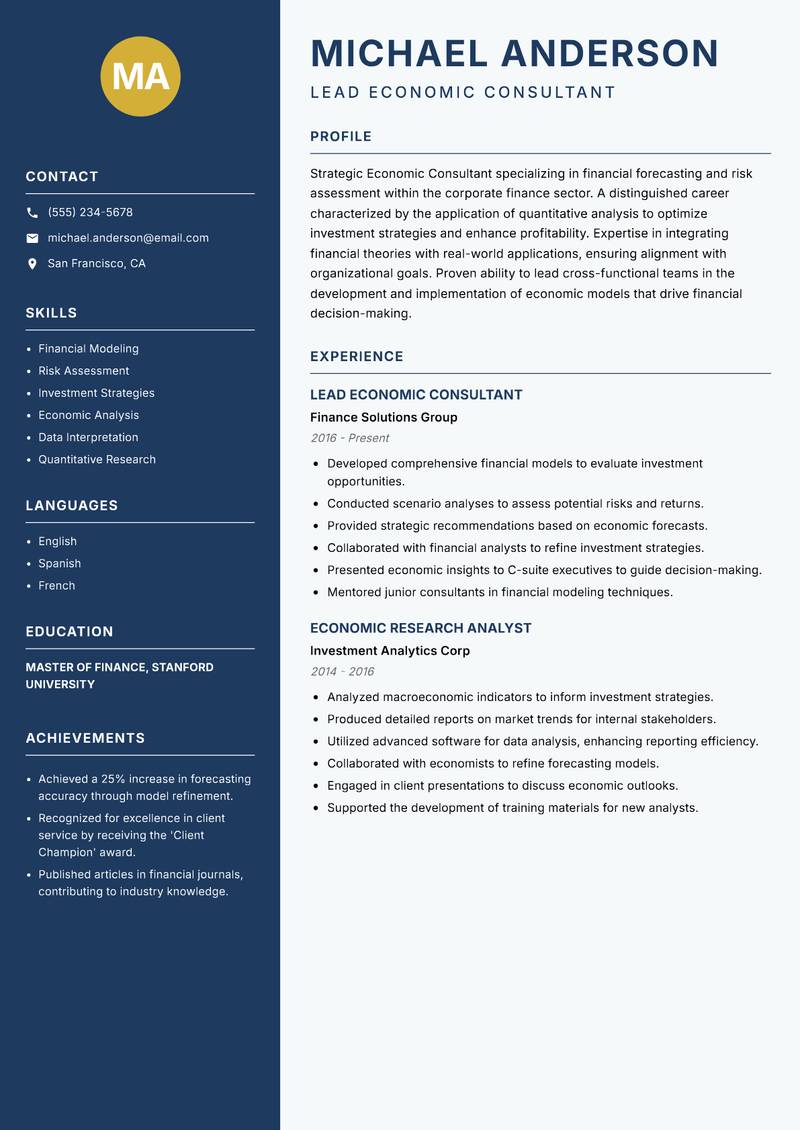 Economic Consultant resume sample — Lead Economic Consultant focus