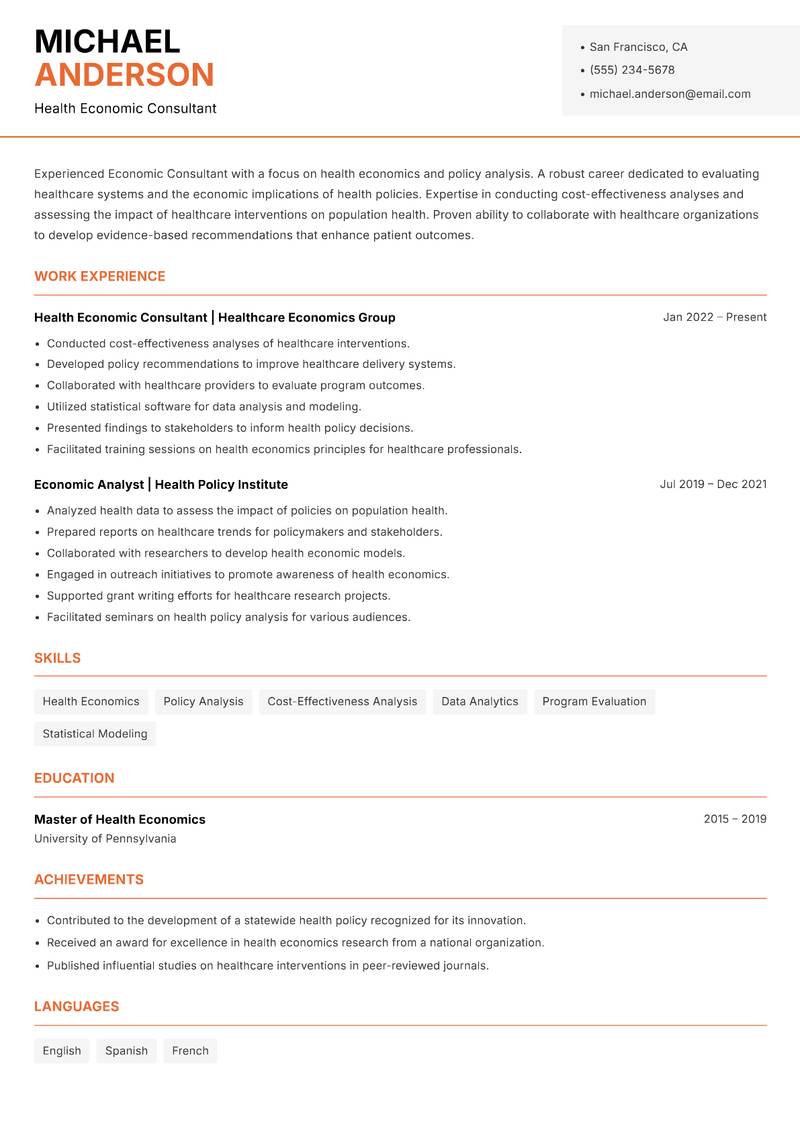Economic Consultant resume sample — Health Economic Consultant focus