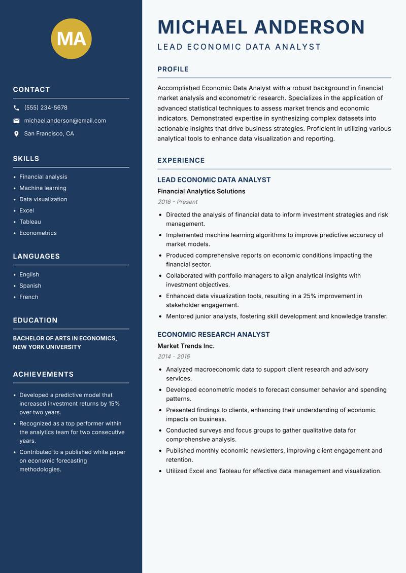 Economic Data Analyst resume sample — Lead Economic Data Analyst focus