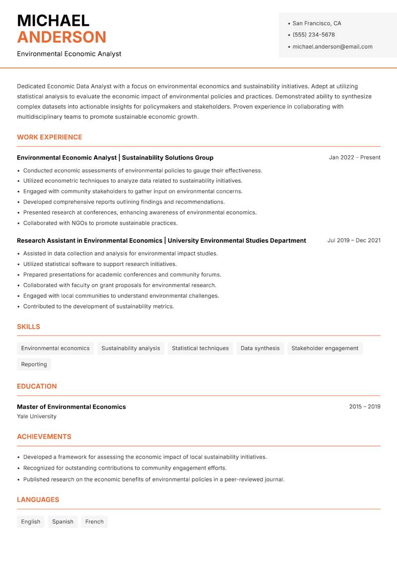 Economic Data Analyst resume sample — Environmental Economic Analyst focus