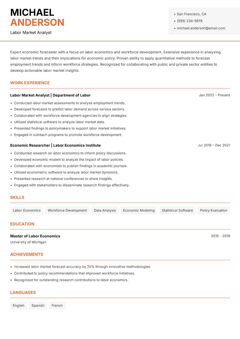 Economic Forecaster resume sample — Labor Market Analyst focus