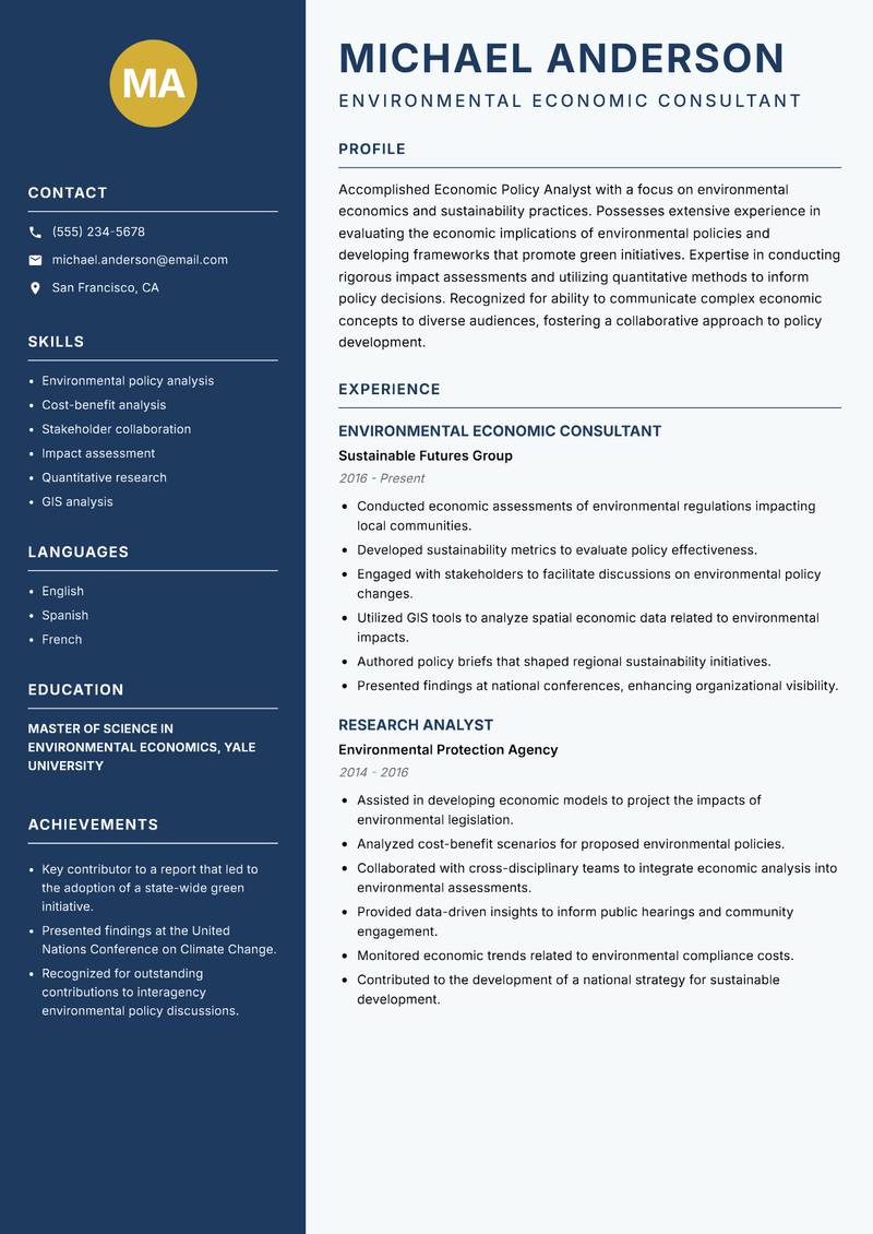 Economic Policy Analyst resume sample — Environmental Economic Consultant focus