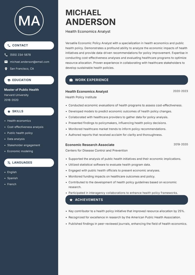 Economic Policy Analyst resume sample — Health Economics Analyst focus